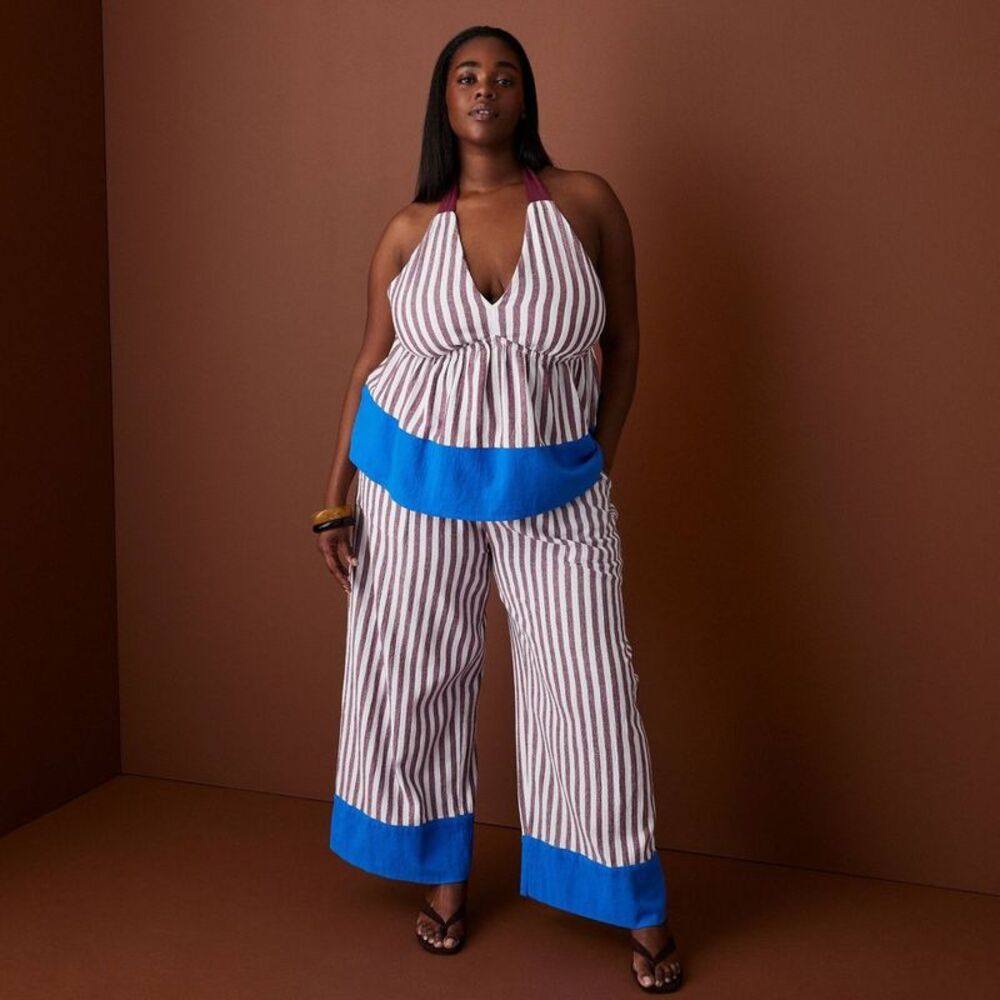 Women's Striped Drawstring Wide Leg Pants - Rosie Assoulin Burgundy/Blue 1X